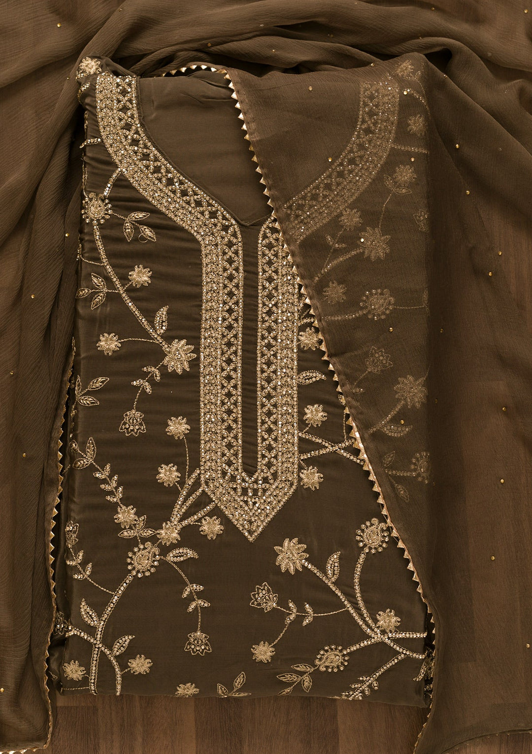 Brown Stonework Tissue Unstitched Salwar Kameez-Koskii