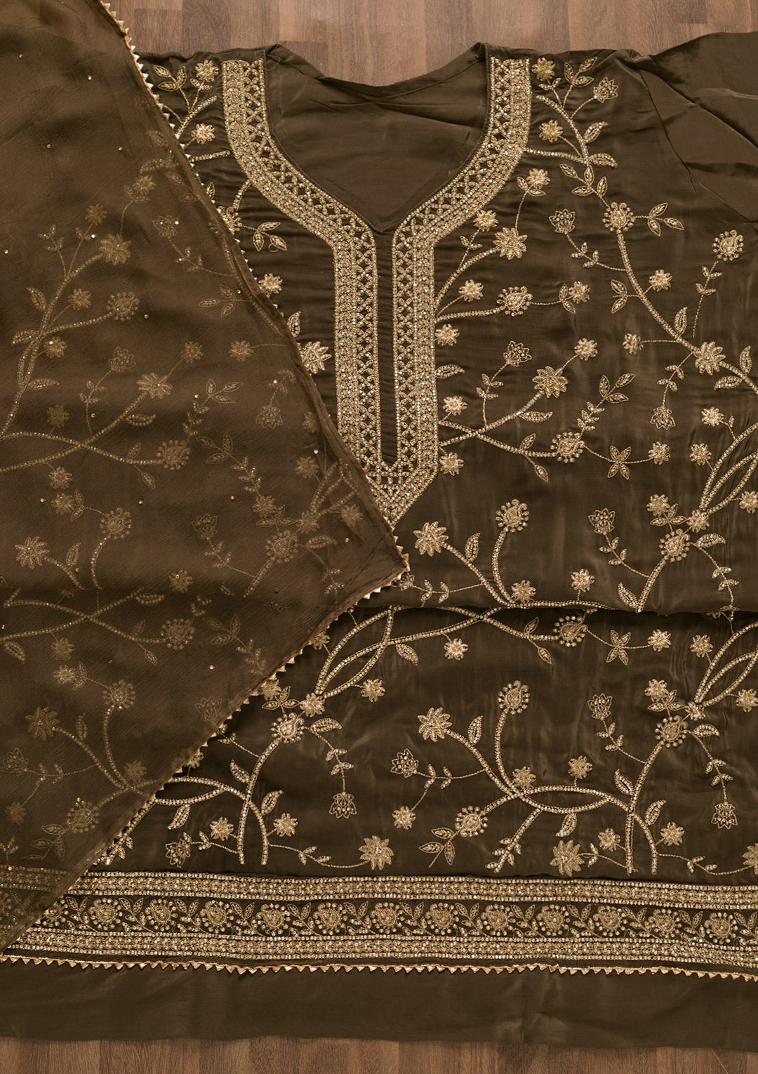 Brown Stonework Tissue Unstitched Salwar Kameez-Koskii
