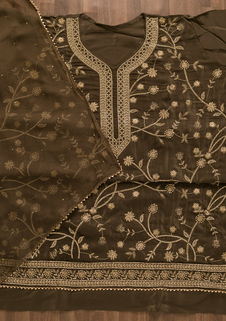 Brown Stonework Tissue Unstitched Salwar Kameez-Koskii