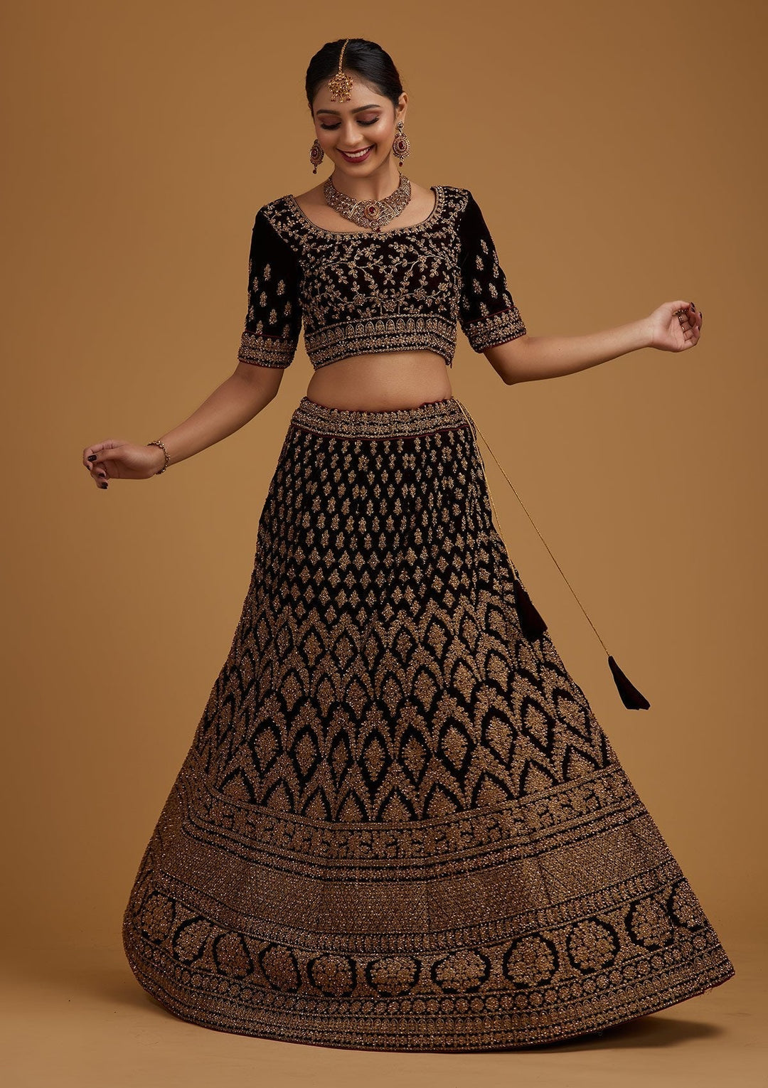Brown Stonework Velvet Designer Semi-Stitched Lehenga - koskii