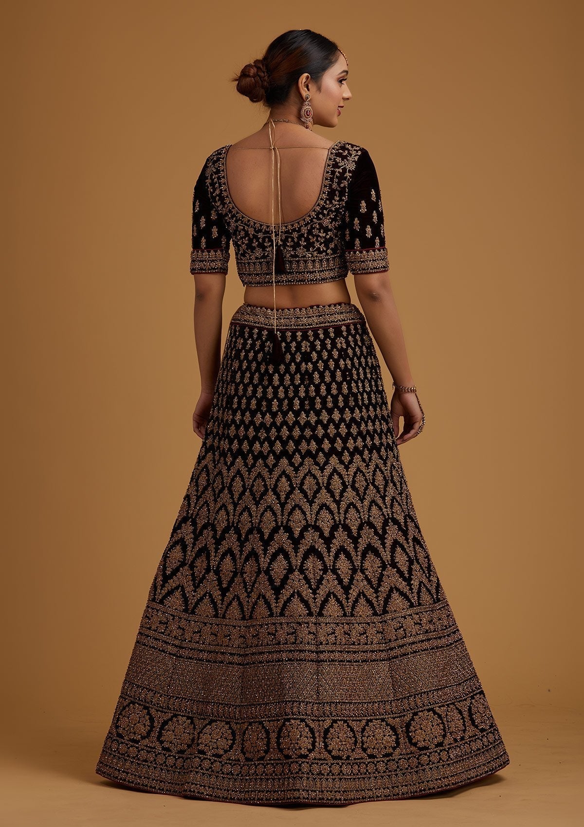 Brown Stonework Velvet Designer Semi-Stitched Lehenga - koskii
