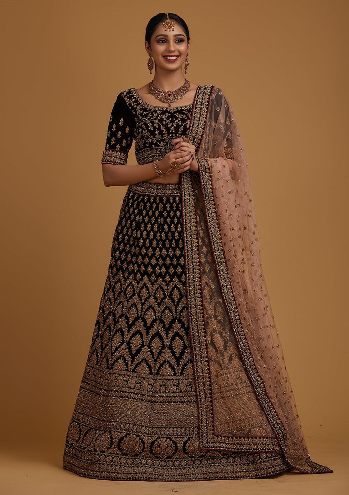 Brown Stonework Velvet Designer Semi-Stitched Lehenga - koskii