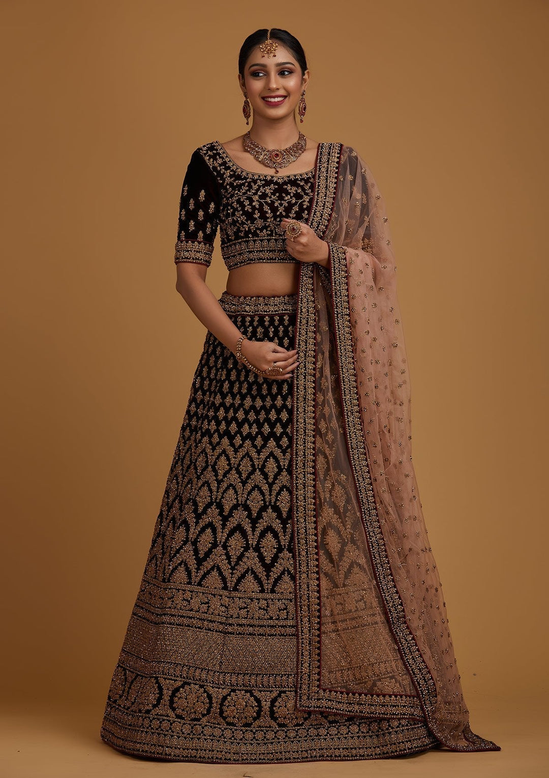 Brown Stonework Velvet Designer Semi-Stitched Lehenga - koskii