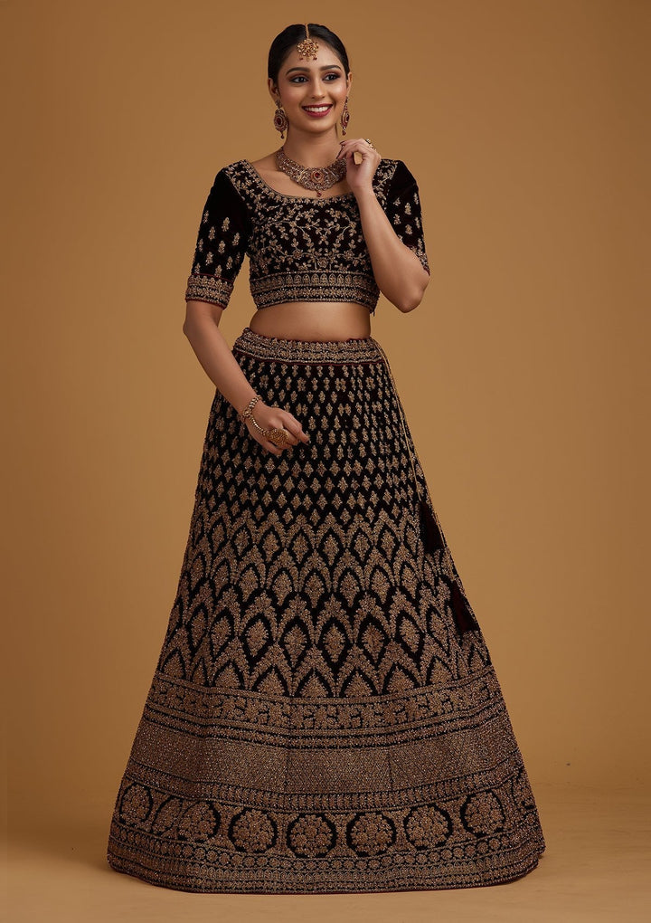 Brown Stonework Velvet Designer Semi-Stitched Lehenga - koskii