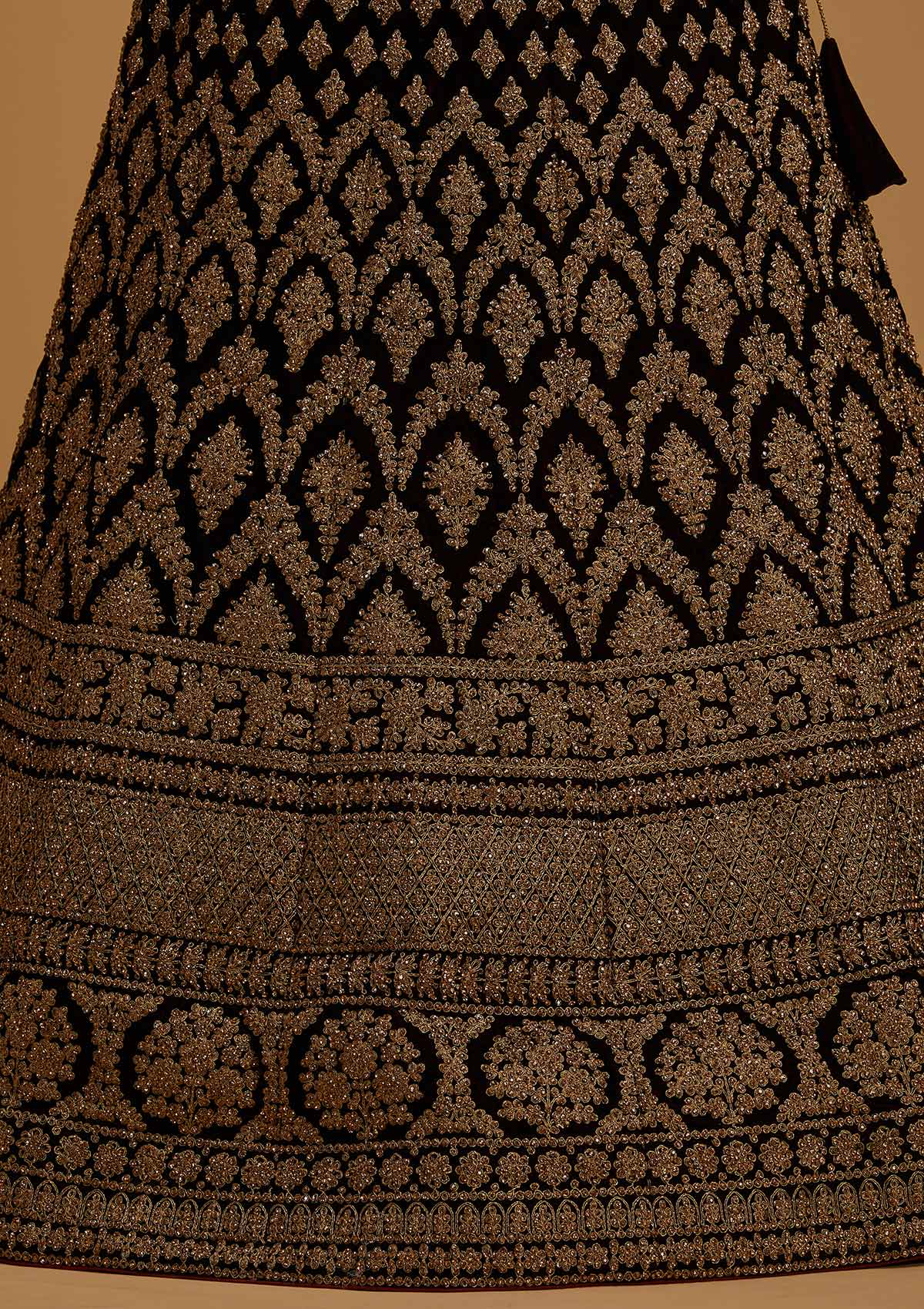 Brown Stonework Velvet Designer Semi-Stitched Lehenga - koskii
