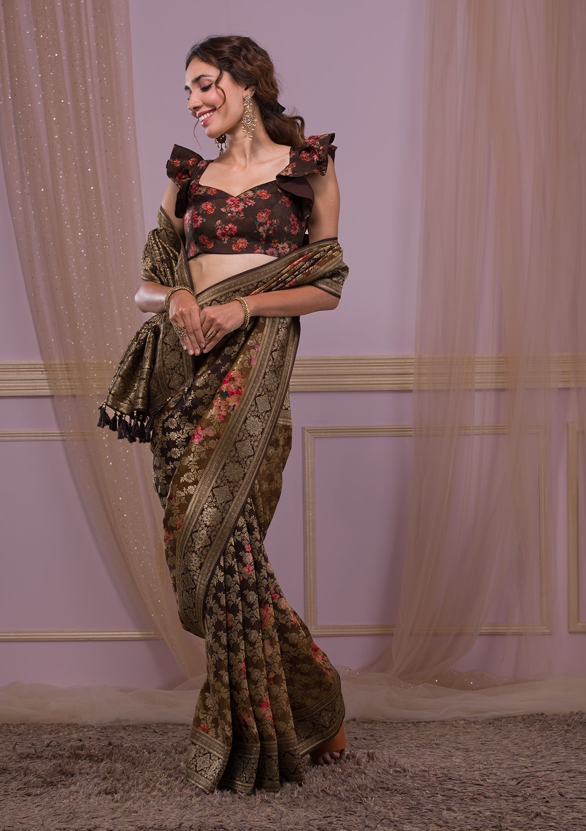 Brown Swarovski Banarasi Silk Saree-Koskii