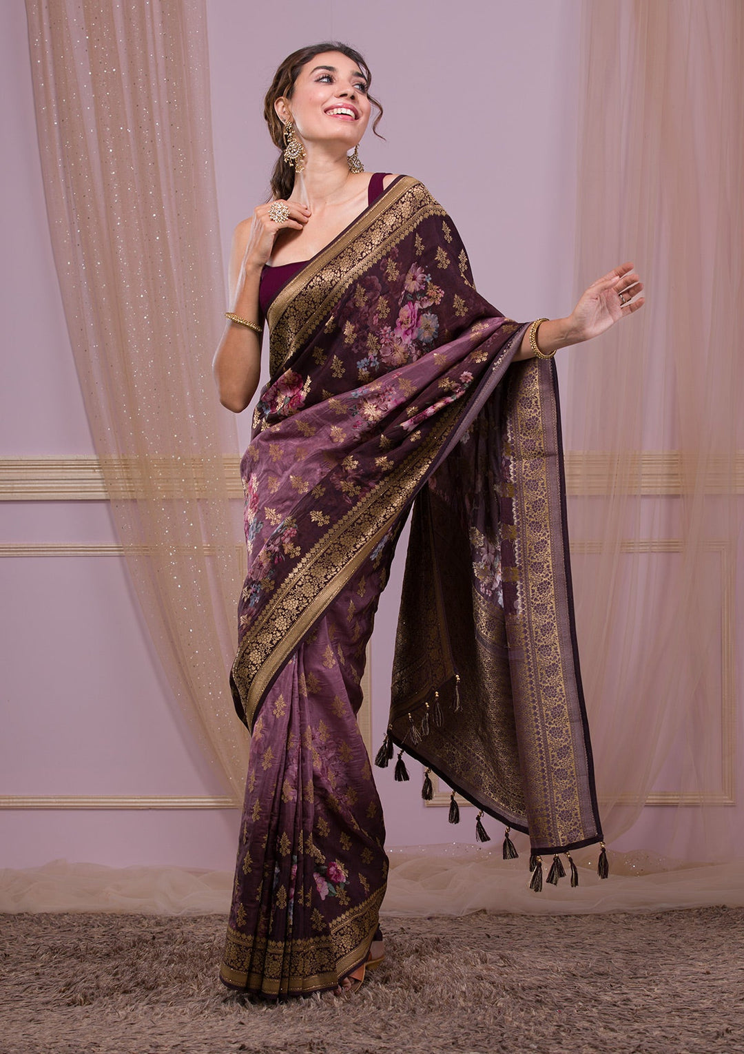 Brown Swarovski Banarasi Silk Saree-Koskii