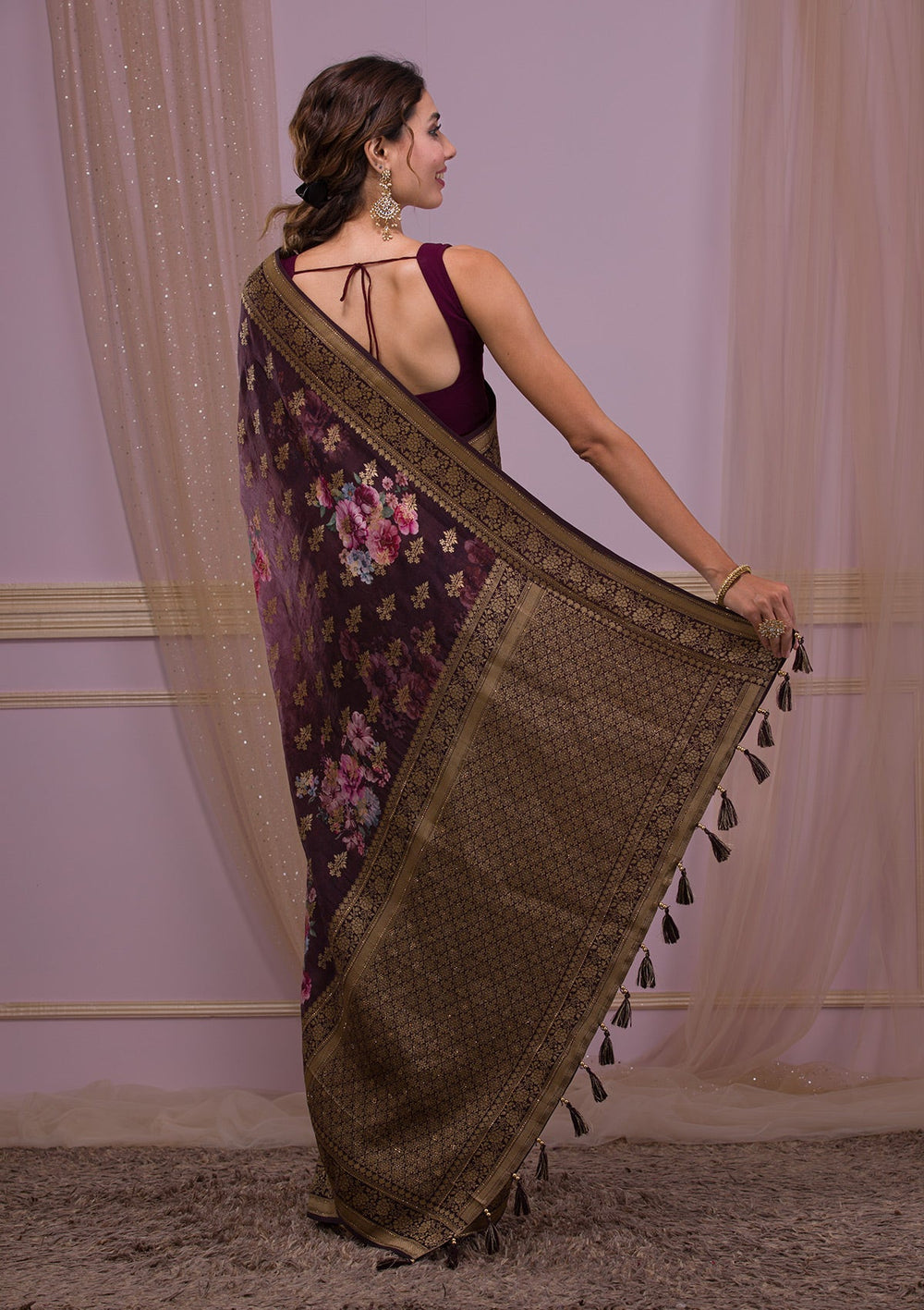 Onion Pink Zariwork Net Designer Saree-Koskii