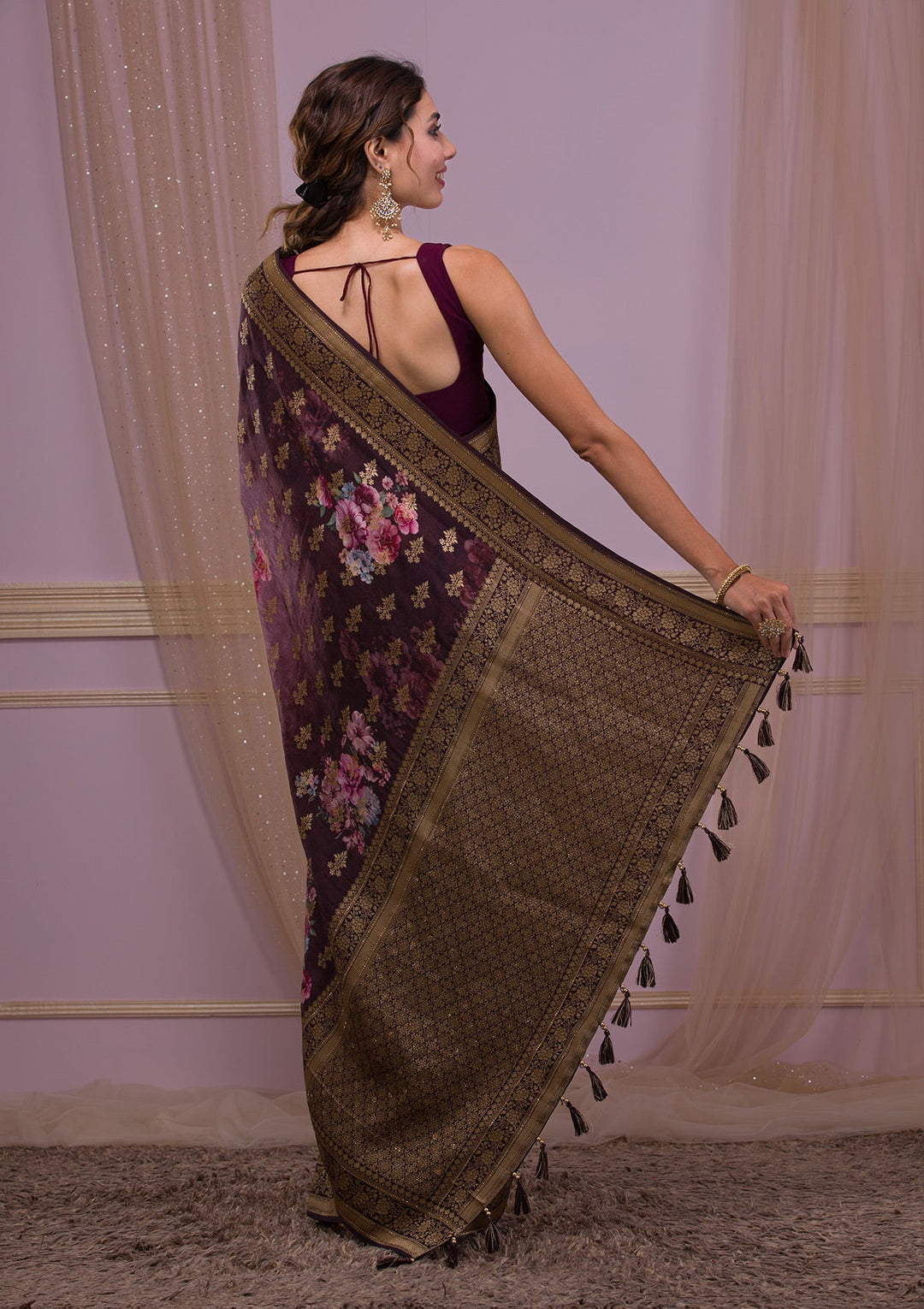 Onion Pink Zariwork Net Designer Saree-Koskii