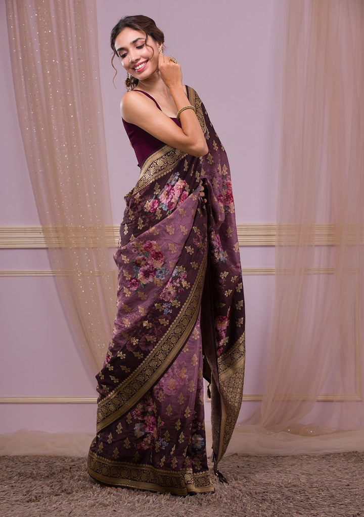Onion Pink Zariwork Net Designer Saree-Koskii