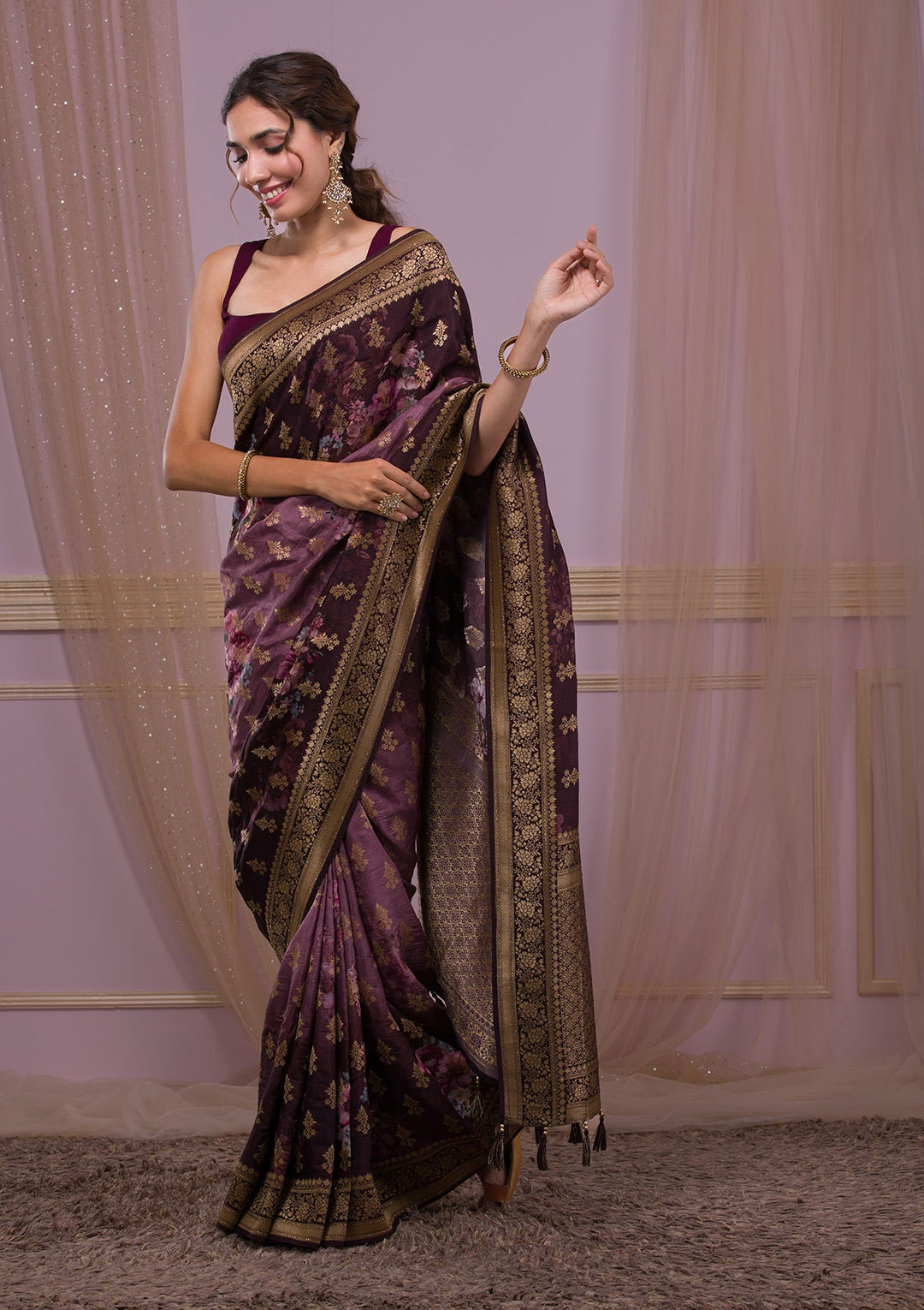 Onion Pink Zariwork Net Designer Saree-Koskii
