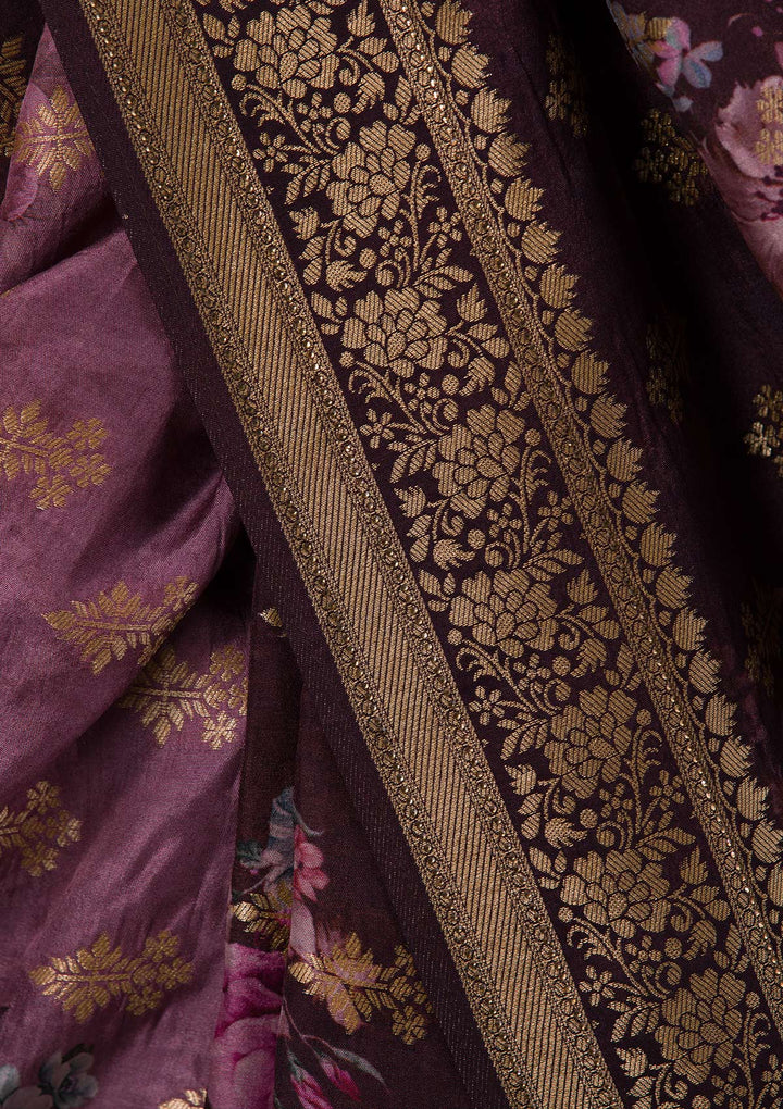 Rani Pink Zari Work Raw Silk Designer Saree-Koskii
