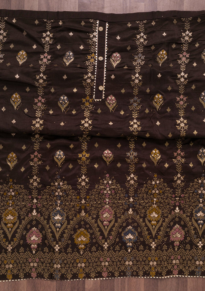 Brown Soft Silk Swarovski Unstitched Salwar Suit-koskii