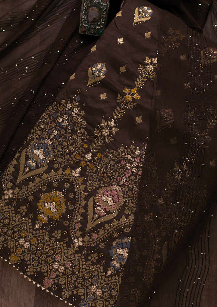 Brown Soft Silk Swarovski Unstitched Salwar Suit-koskii