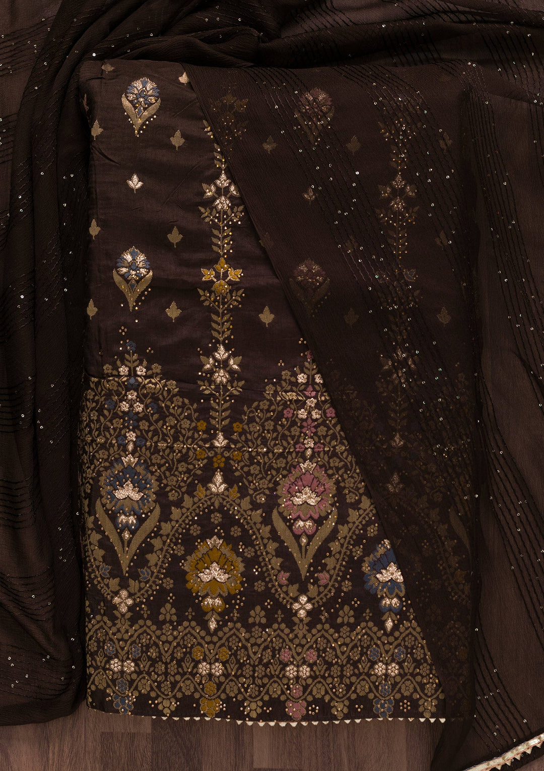 Brown Soft Silk Swarovski Unstitched Salwar Suit-koskii