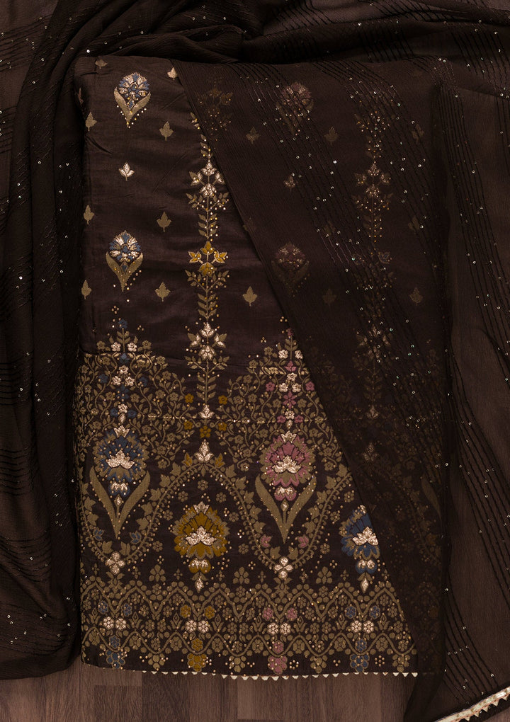 Brown Soft Silk Swarovski Unstitched Salwar Suit-koskii