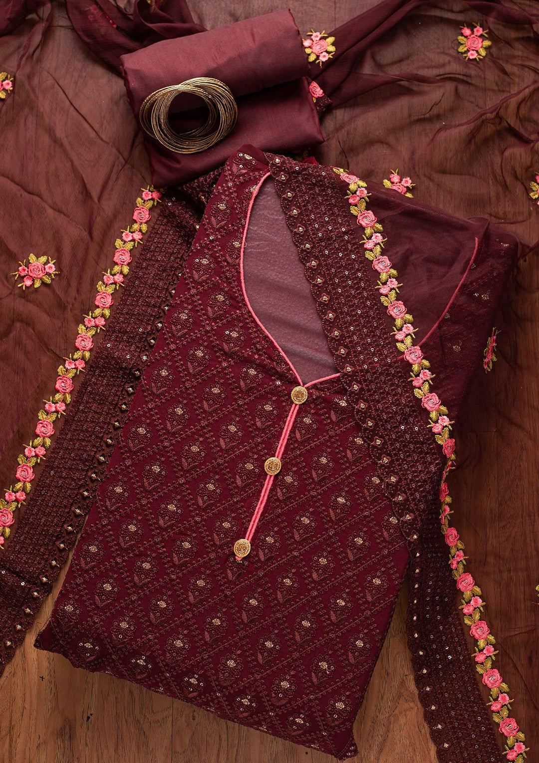 Brown Swarovski Georgette Designer Semi-Stitched Salwar Suit - koskii