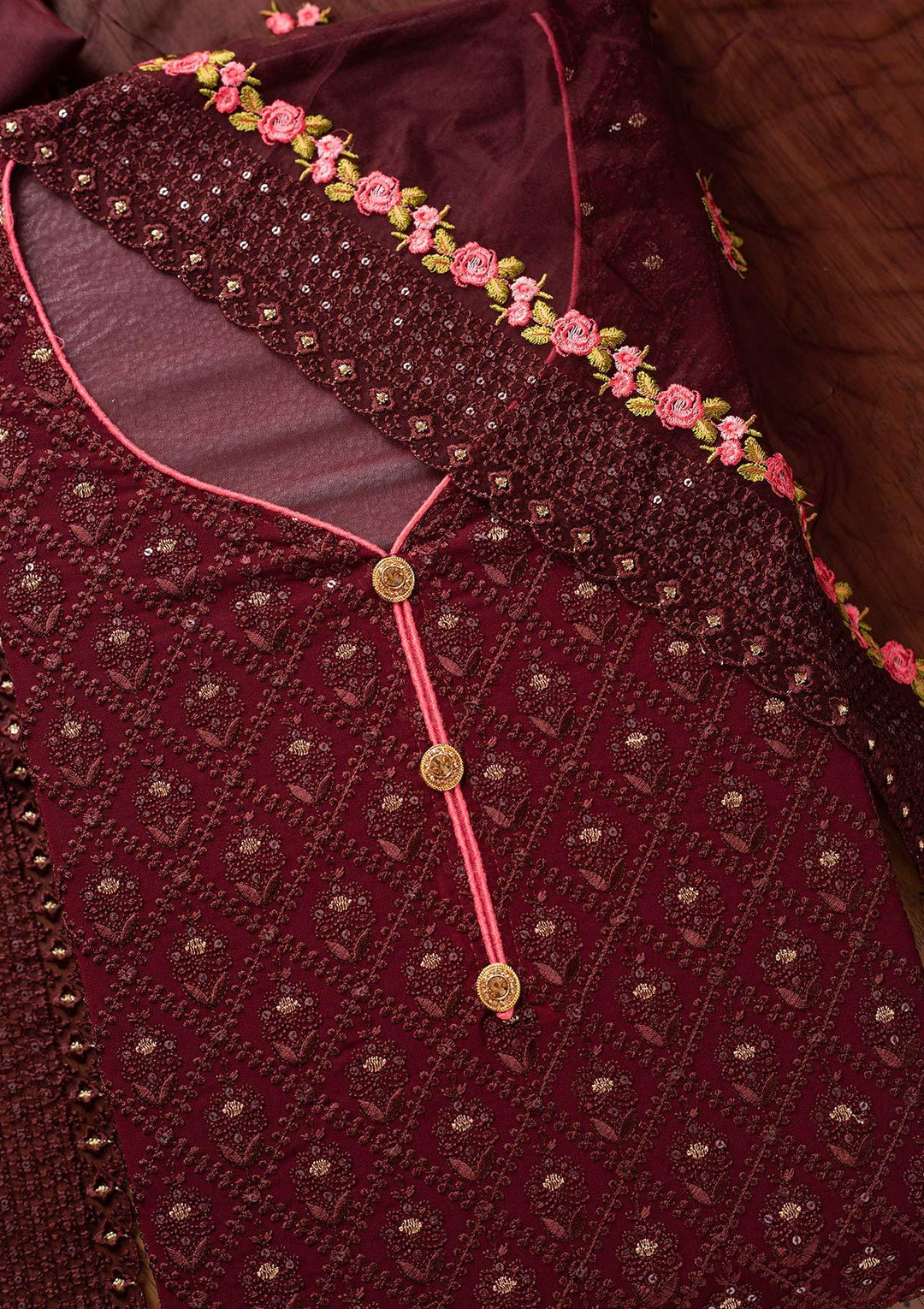 Brown Swarovski Georgette Designer Semi-Stitched Salwar Suit - koskii