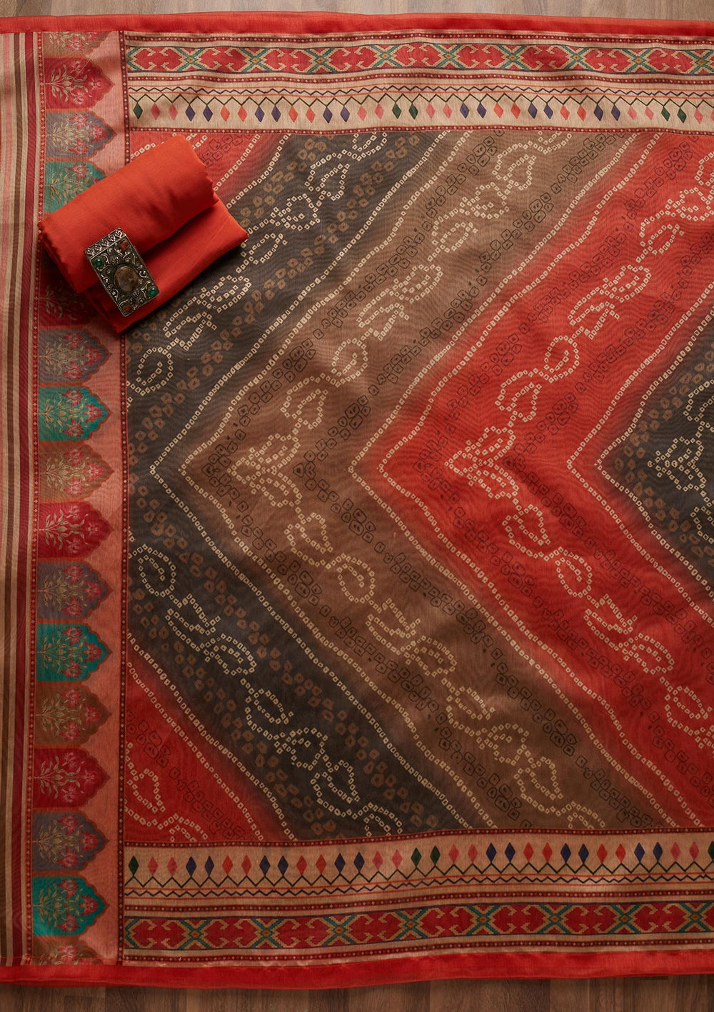 Brown Threadwork Chanderi Unstitched Salwar Suit - Koskii