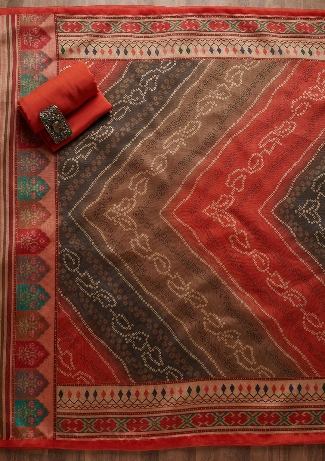 Brown Threadwork Chanderi Unstitched Salwar Suit - Koskii