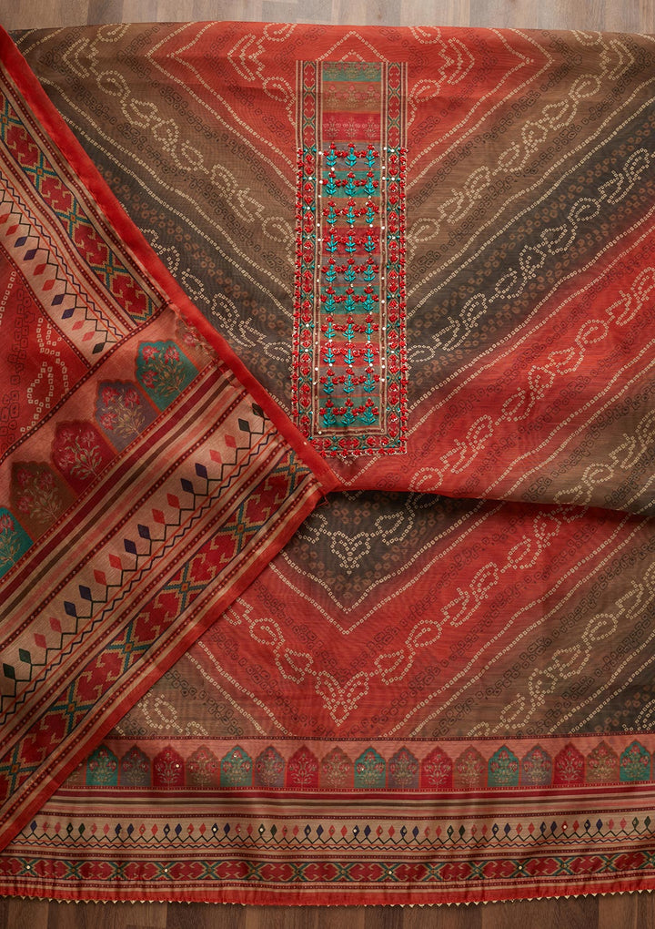 Brown Threadwork Chanderi Unstitched Salwar Suit - Koskii