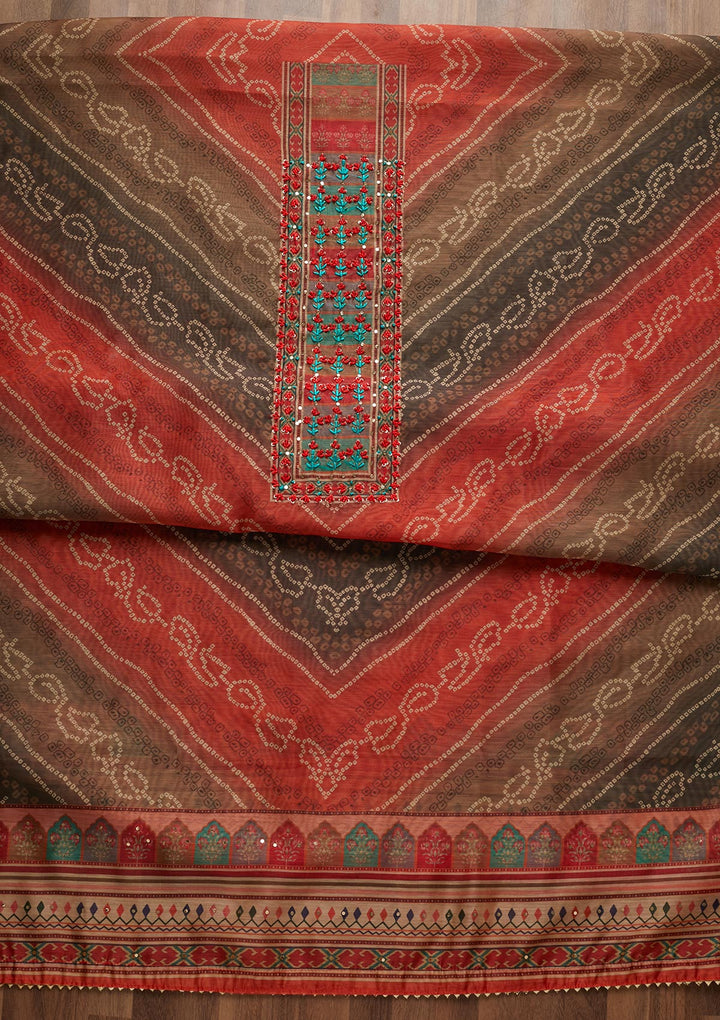 Brown Threadwork Chanderi Unstitched Salwar Suit - Koskii