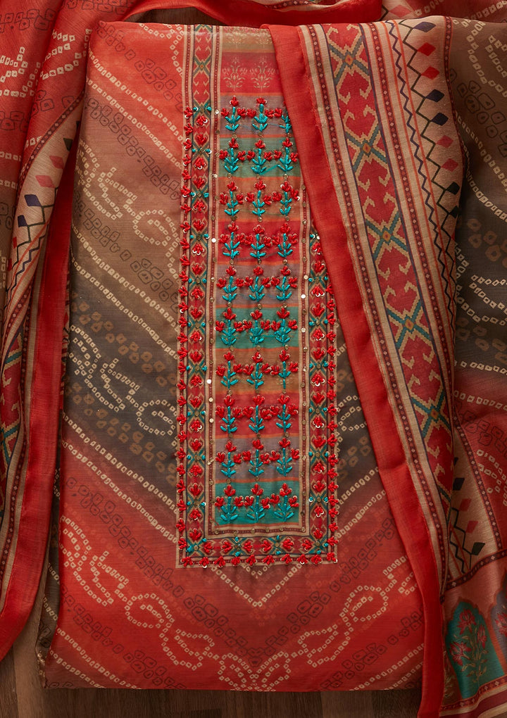 Brown Threadwork Chanderi Unstitched Salwar Suit - Koskii