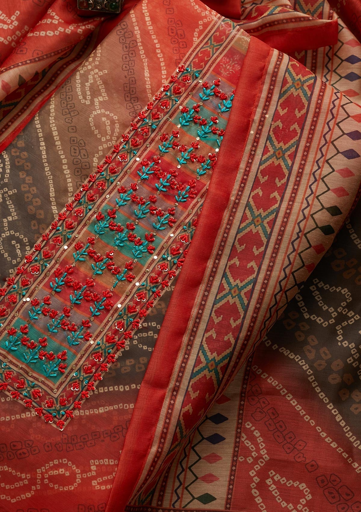 Brown Threadwork Chanderi Unstitched Salwar Suit - Koskii