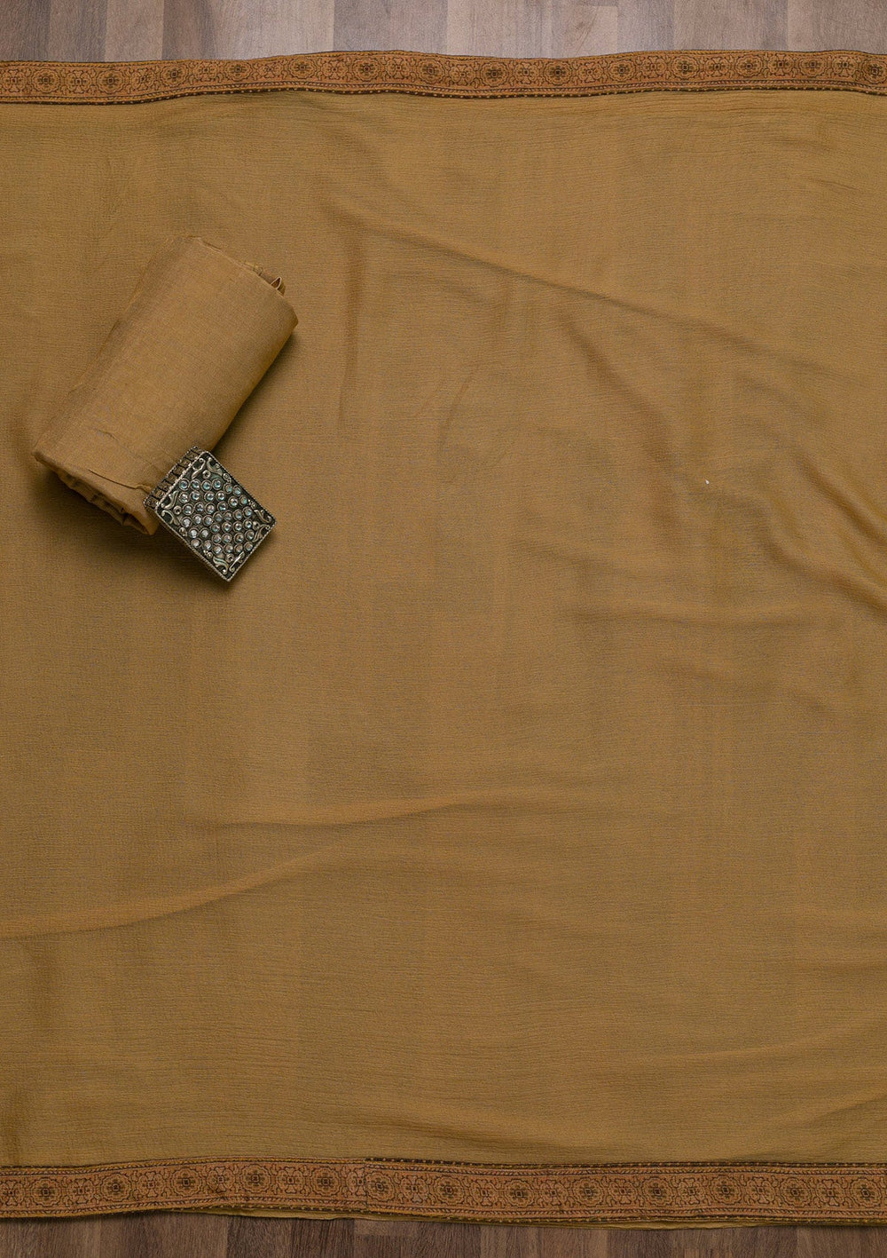 Brown Threadwork Chiffon Unstitched Salwar Suit-Koskii