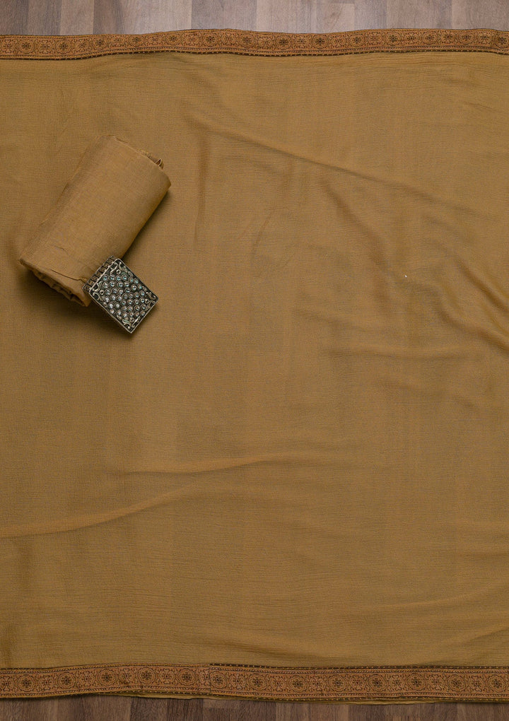 Brown Threadwork Chiffon Unstitched Salwar Suit-Koskii