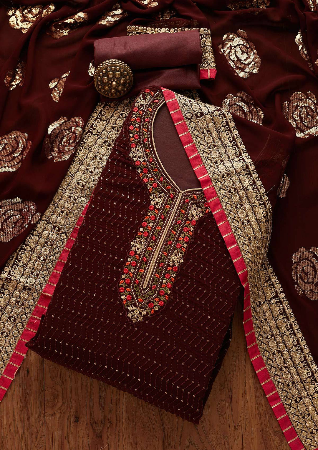 Brown Threadwork Georgette Designer Semi-Stitched Salwar Suit - Koskii