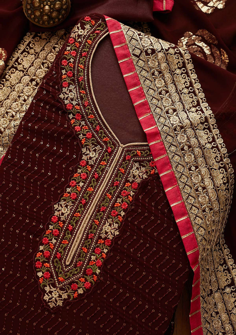 Brown Threadwork Georgette Designer Semi-Stitched Salwar Suit - Koskii
