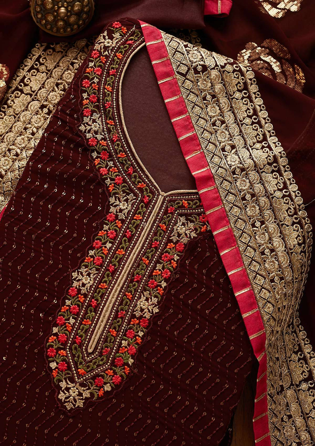 Brown Threadwork Georgette Designer Semi-Stitched Salwar Suit - Koskii