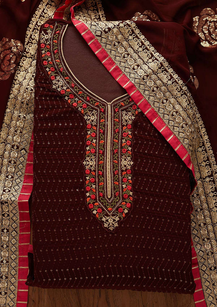 Brown Threadwork Georgette Designer Semi-Stitched Salwar Suit - Koskii