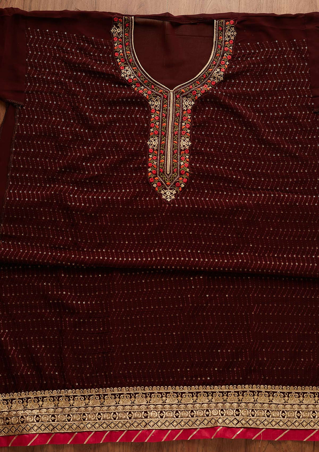 Brown Threadwork Georgette Designer Semi-Stitched Salwar Suit - Koskii