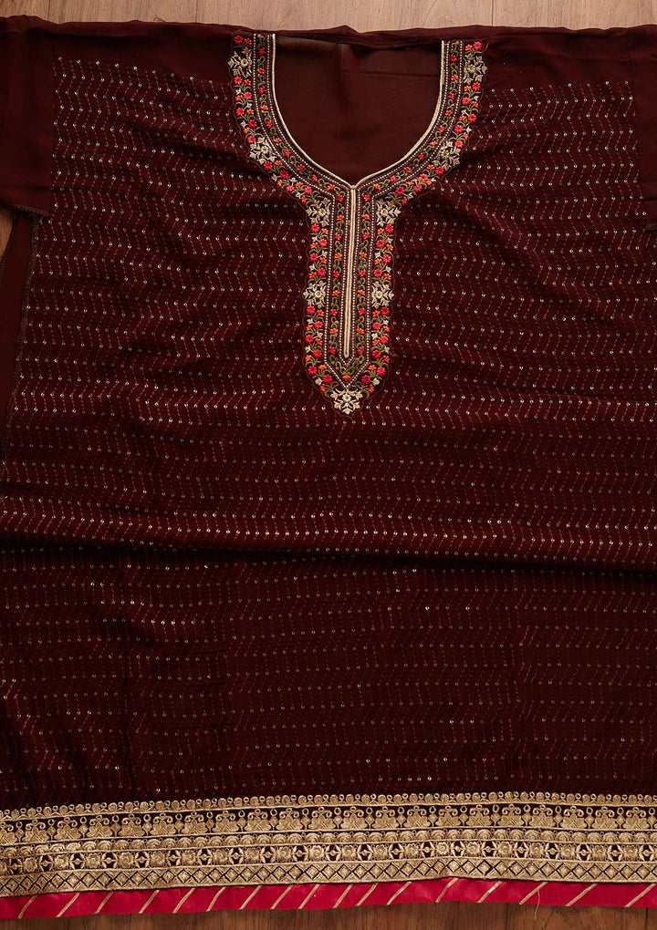 Brown Threadwork Georgette Designer Semi-Stitched Salwar Suit - Koskii