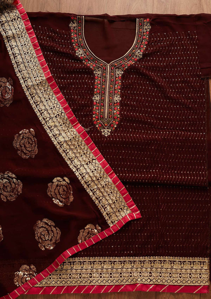 Brown Threadwork Georgette Designer Semi-Stitched Salwar Suit - Koskii