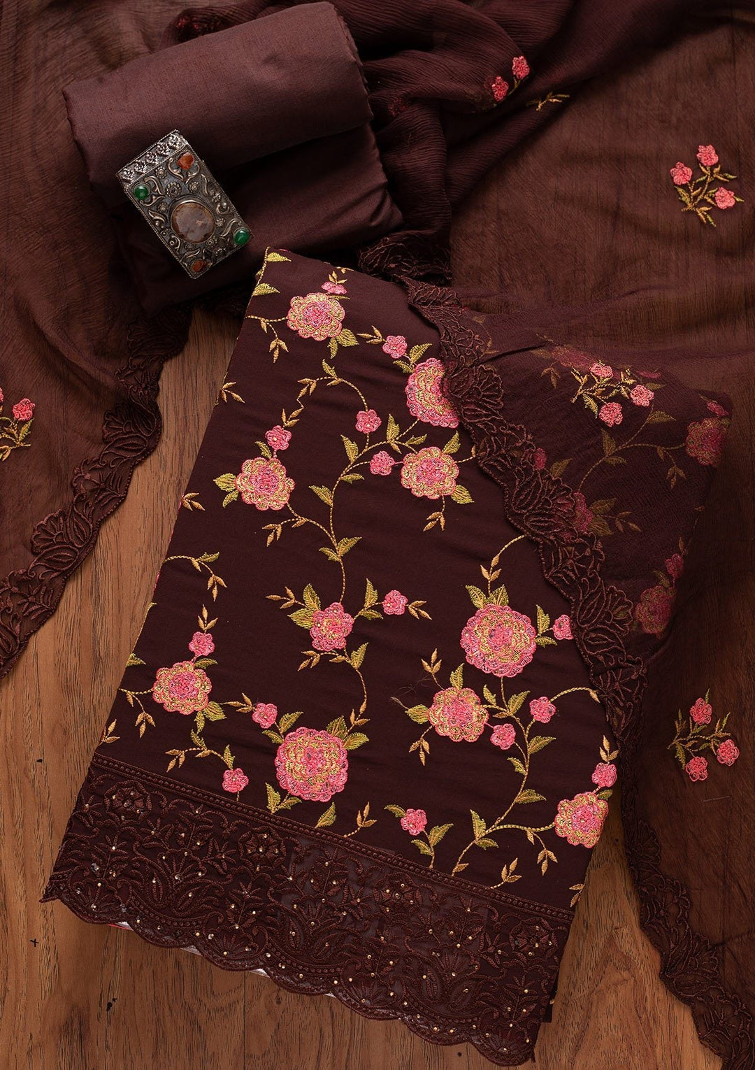 Brown Threadwork Georgette Designer Unstitched Salwar Suit - koskii