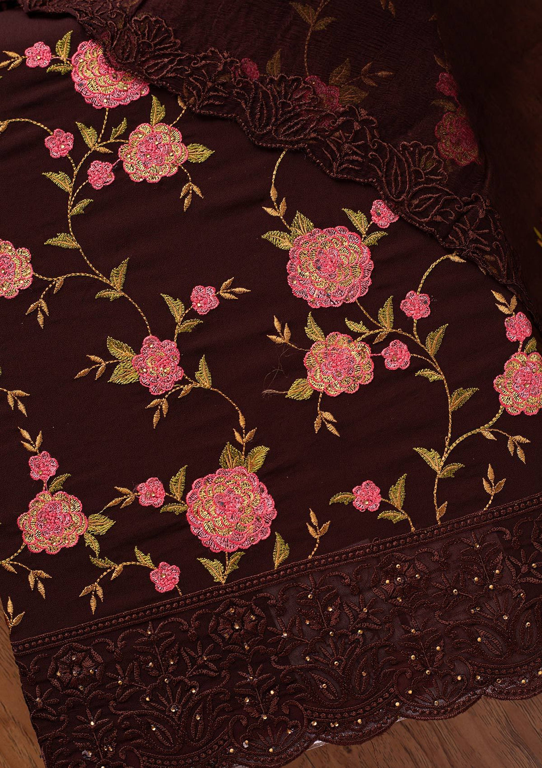 Brown Threadwork Georgette Designer Unstitched Salwar Suit - koskii