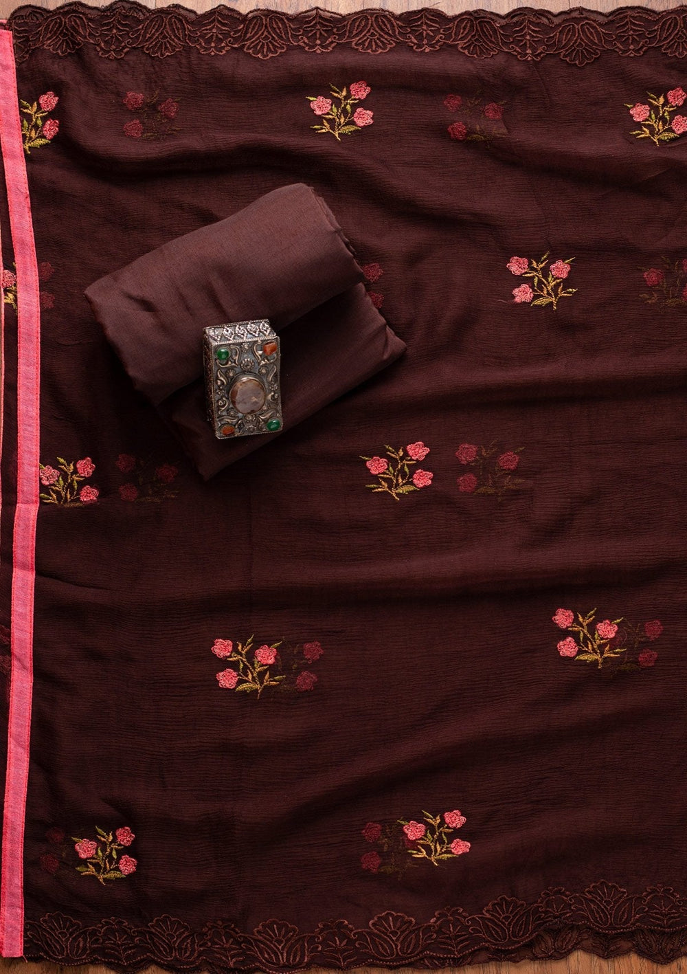 Brown Threadwork Georgette Designer Unstitched Salwar Suit - koskii