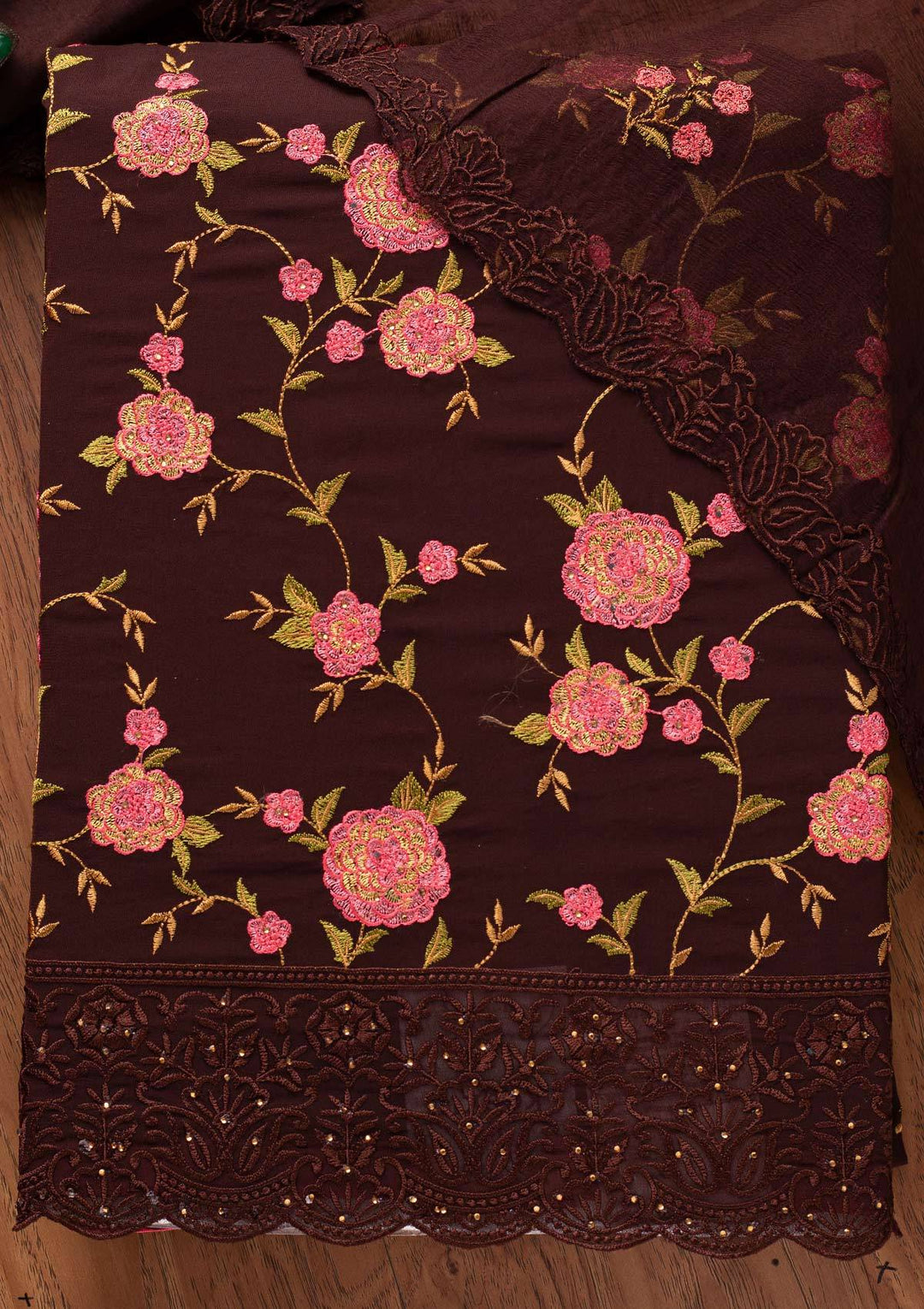 Brown Threadwork Georgette Designer Unstitched Salwar Suit - koskii