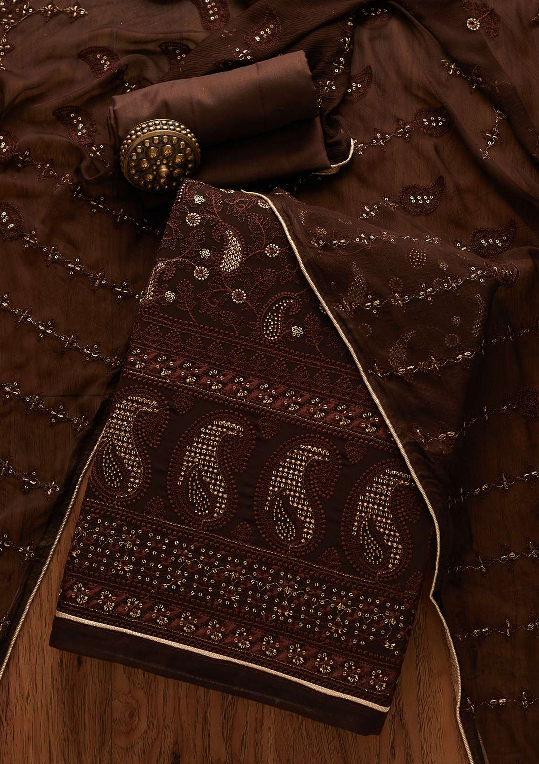 Brown Threadwork Georgette Designer Unstitched Salwar Suit - Koskii