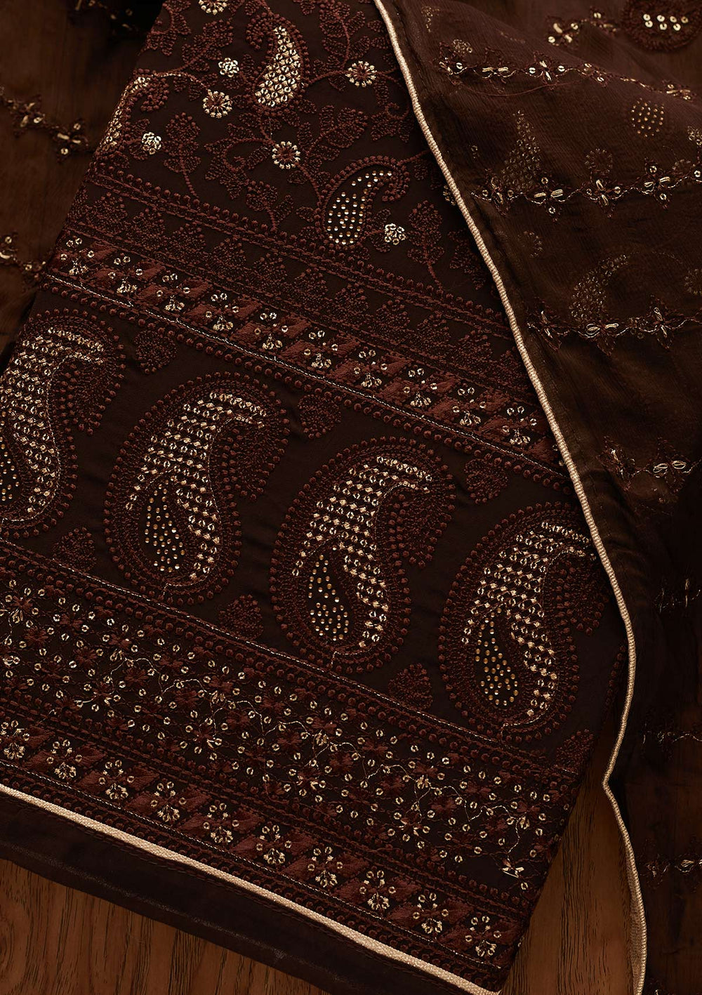 Brown Threadwork Georgette Designer Unstitched Salwar Suit - Koskii