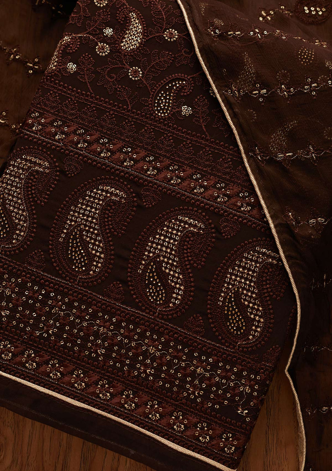 Brown Threadwork Georgette Designer Unstitched Salwar Suit - Koskii