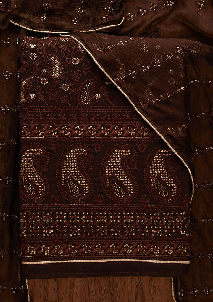 Brown Threadwork Georgette Designer Unstitched Salwar Suit - Koskii