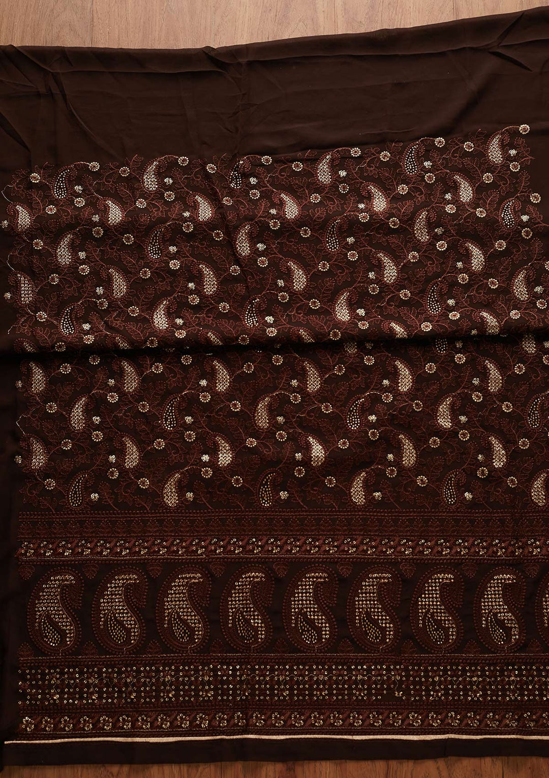 Brown Threadwork Georgette Designer Unstitched Salwar Suit - Koskii