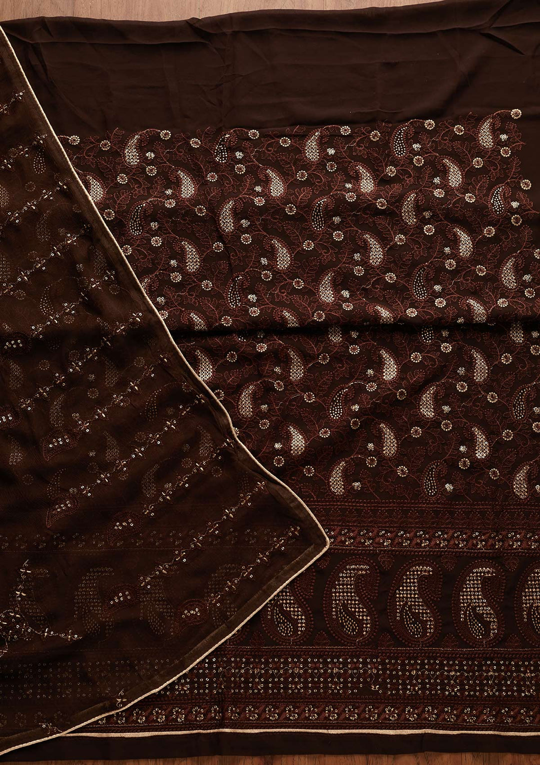 Brown Threadwork Georgette Designer Unstitched Salwar Suit - Koskii