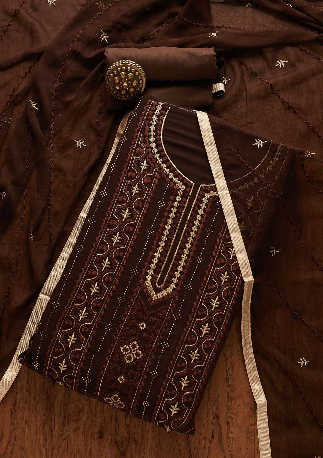 Brown Threadwork Georgette Designer Unstitched Salwar Suit - Koskii