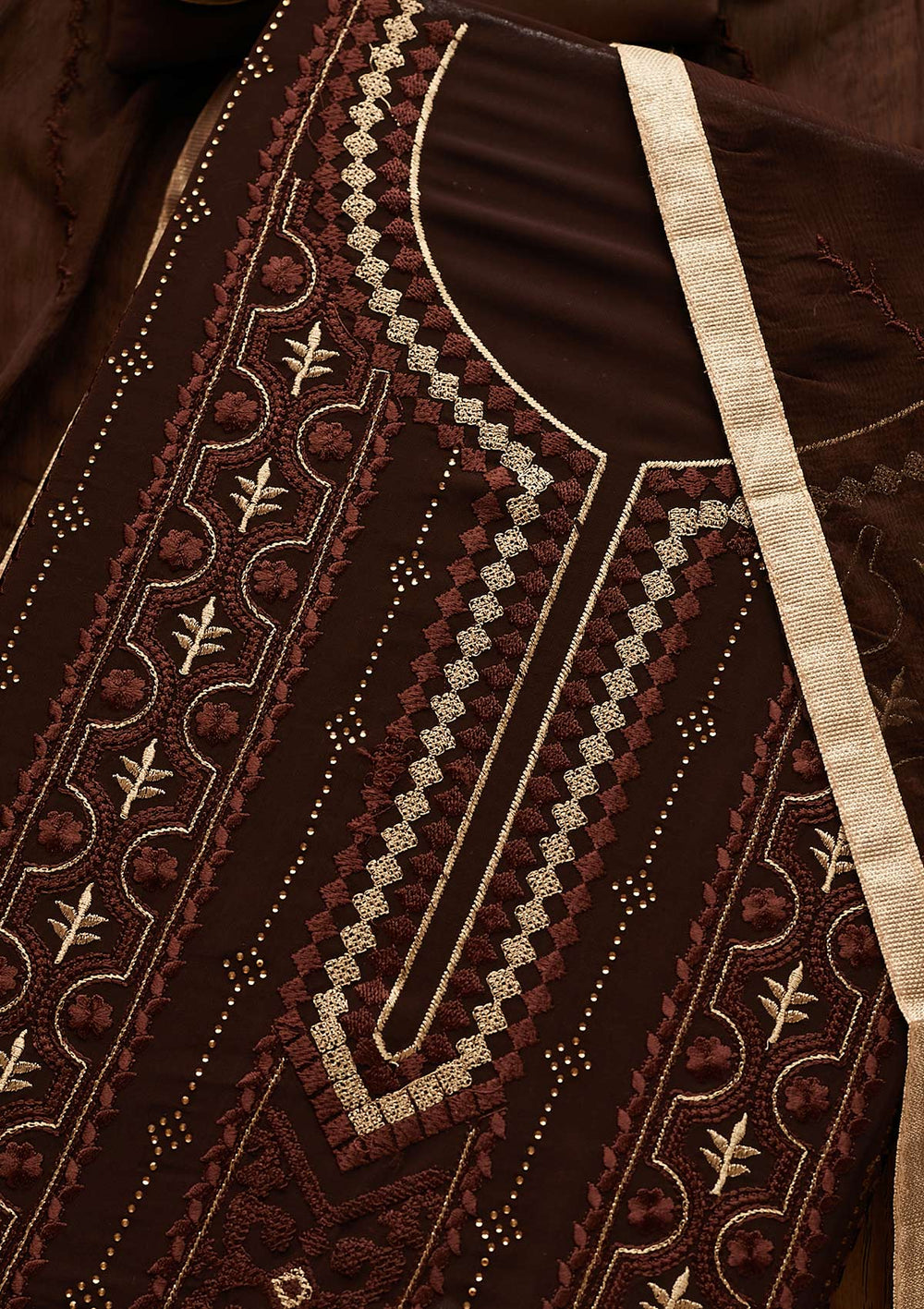 Brown Threadwork Georgette Designer Unstitched Salwar Suit - Koskii