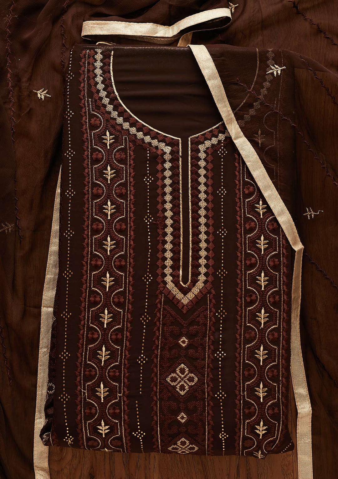 Brown Threadwork Georgette Designer Unstitched Salwar Suit - Koskii